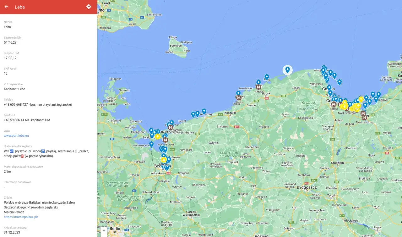 Mapa pokazuje polskie wybrzeże Bałtyku. Odpowiedź na pytanie, ile jest mórz w Polsce, brzmi: jedno – Morze Bałtyckie.