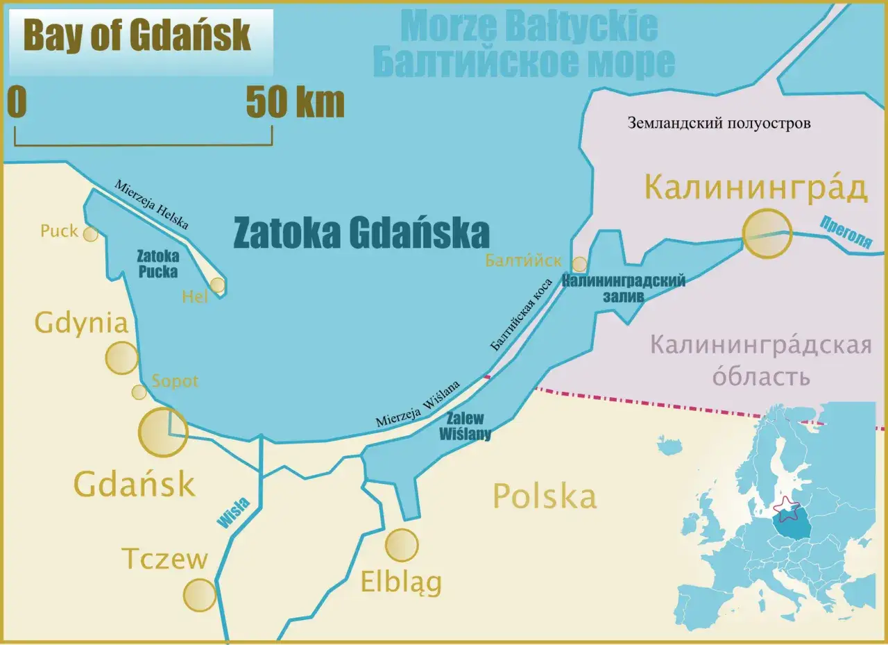 Mapa pokazuje Zatokę Gdańską i Zalew Wiślany, które są częścią Morza Bałtyckiego. Ile jest mórz w Polsce? Tylko jedno – Bałtyk.