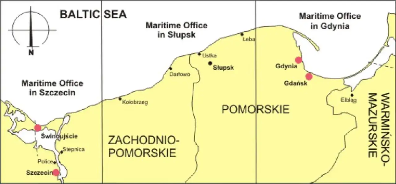 Mapa Polski pokazuje wybrzeże Bałtyku. Odpowiedź na pytanie, ile jest mórz w Polsce, jest prosta: jedno, Morze Bałtyckie.